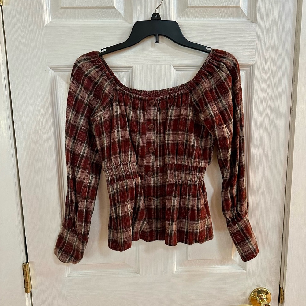 Brown Plaid Women’s Top with Buttons